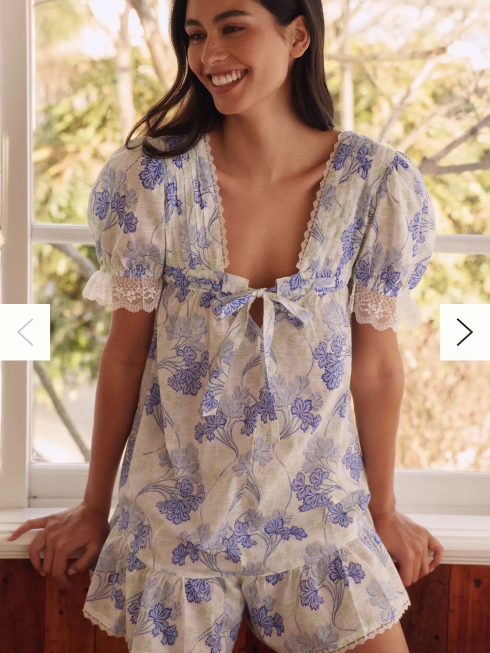 Anthropologie LyreBird Puff Sleeve Romper Blue Floral Lace Trim